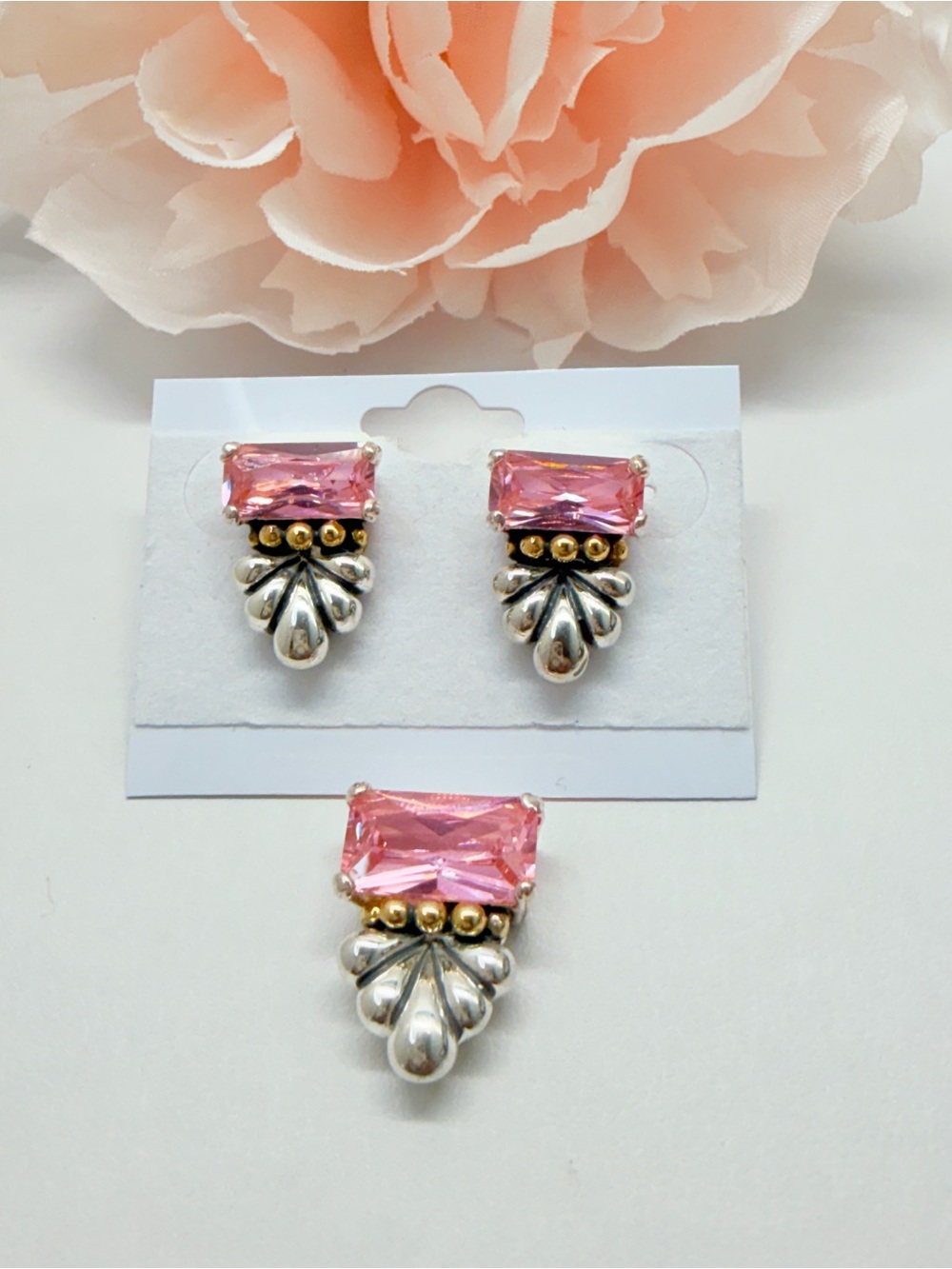 sterling silver 925 Pink crystal earrings and pendant, gold and silver accents #